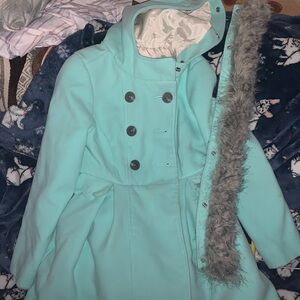 Cat & Jack Aqua Pea Coat with Faux Fur Trim